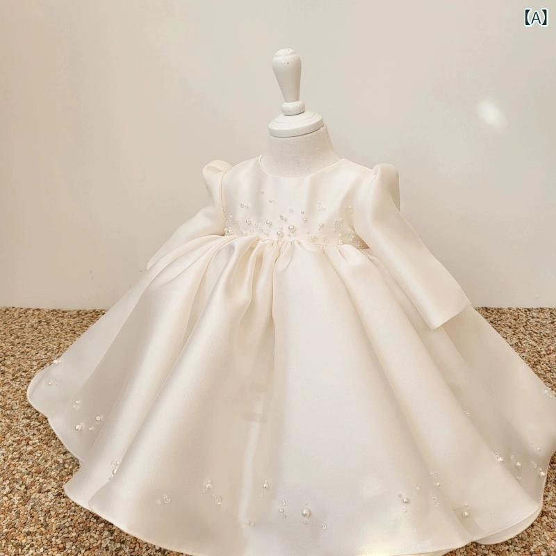 女の子 ベビー 礼服 トップス 長袖 ドレス ワンピース スカート ミルクホワイト アイボリー ベージュ プリンセス かわいい 女児 幼児 誕生日 記念撮影 フォーマル 通年 化繊混紡 ポリエステル プリーツ加工 コーティング ふんわり ふわふわ 100