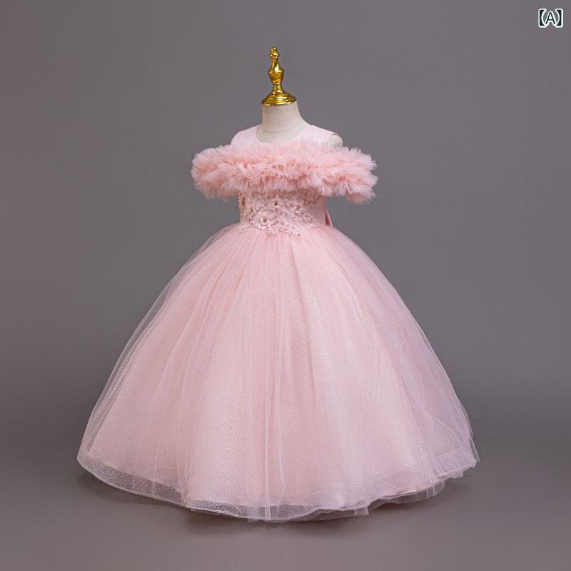 女の子 ワンピース 女児用 プリンセスドレス チュチュスカート 花嫁ドレス 鋼琴演奏用 礼服 かわいい 蝶結び 網紗 プリンセススタイル 綿混紗 ポリエステル混紗 コットン裏地 ピンク ホワイト シャンパン ベージュ系 グリーン 春秋夏用 プリーツ加工
