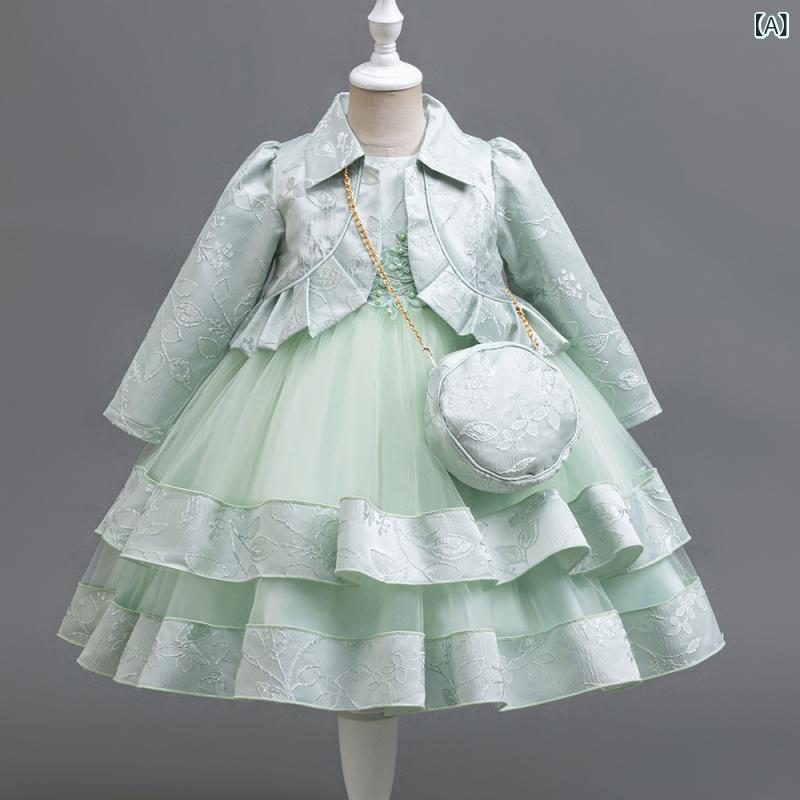 女児 ドレス プリンセスドレス 女の子 礼服 セット 3点セット 子供 連衣裙 パーティードレス 結婚式 演出 衣装 チュチュスカート 花辺 レース チュール 網? プリンセススタイル 欧米風 コットン混紡 ポリエステル コットン裏地 浅緑 天藍 香? 4,359円