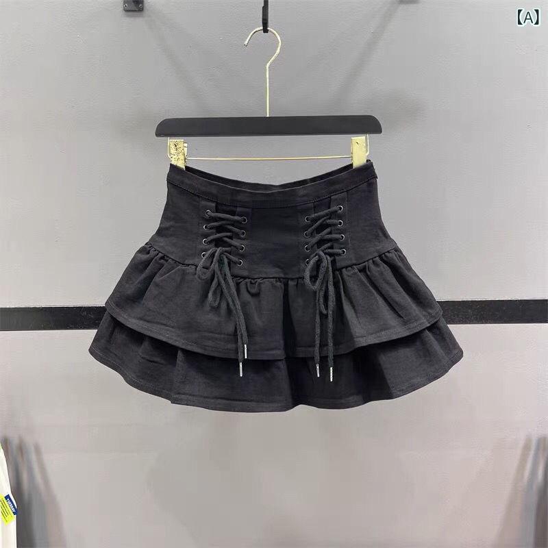 女児 スカート キッズ レディース 夏 春夏 牛仔 デニム スカート A字 蓬蓬 短め スカート ブラック 黒 綿 柔軟 素材 安全 B級 韓国風 プリンセス 風 荷叶? フリル 切り替え バンド 紐 紐付き 松?腰 ゴムウエスト 潮 トレンド 普段使い