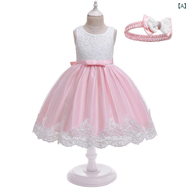 女の子 ワンピース キッズ 中大童 ロングドレス プリンセス スカート 無袖 蝶結び レース 綿 花柄 網 生地 通年 かわいい ピンク系 豆沙 赤 紫 白 黄色 伸縮性 春秋夏 秋冬 普段使い パーティー