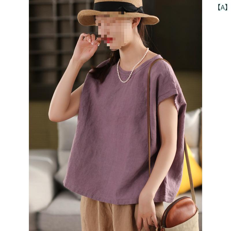 Tシャツ レディース 夏 短袖 綿麻 接触冷感 ルーズフィット 丸首 単色 かわいい 復古 ピンク ホワイト グレー パープルブルー ゆったり 普段使い 通勤 吸湿速乾 軽量 ビッグシルエット 4,121円