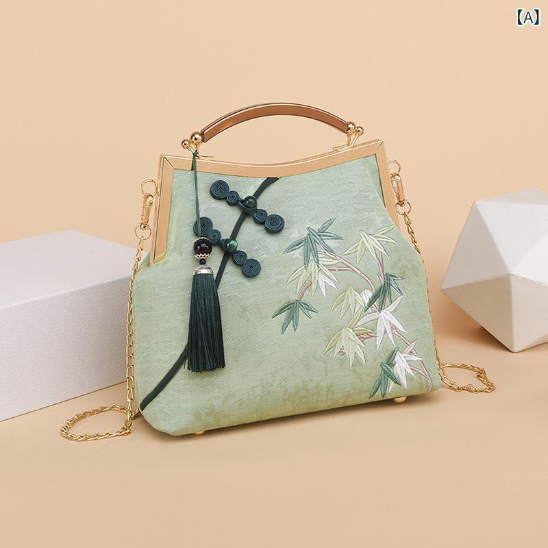 ハンドバッグ 女性用 秋冬 チャイナドレス風 中型 横型 小方型 緑 ブルー 刺繍 フューゼル 切り替え 盤ボタン ロック ロック 綿ポリエステル 中軟 内ポケット シングルショルダー 日常使い 国風 エレガント