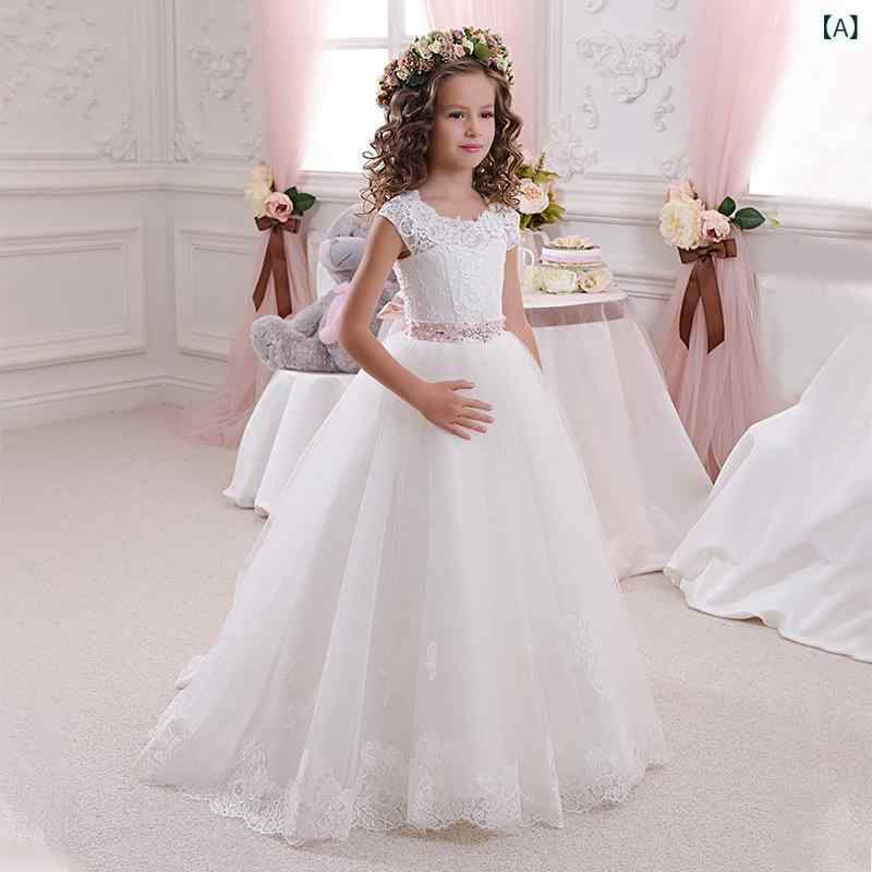女の子 ドレス 子供 礼服 婚礼 パーティー 無袖 レース 蝶結び フリル プリンセス かわいい 女児 春秋夏 ポリエステル 米色 ピンク 腰帯 100-150cm|naruki