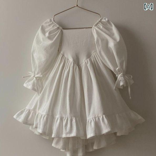 女児 ワンピース キッズ 女の子 春夏 秋 綿 コットン 100% 柔軟 短袖 Aライン かわいい 純色 ホワイト 白色 中大児 140cm以上 プリンセス ロリータ 宮廷風 ヨーロッパ風 日常使い 通学 遊び着 軽やか 伸縮性