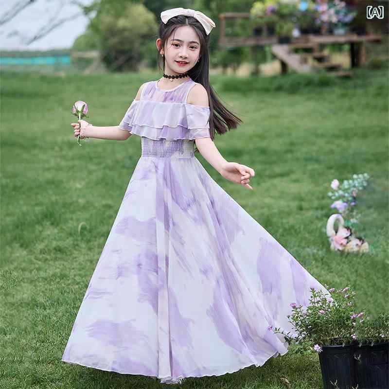 女児用 ワンピース キッズ 女の子 中大童 夏 吊? 背心 プリンセス スカート Aライン 雪紡 ポリエステル 綿裏地 紫色 かわいい 甘め 軽量 柔らか 肩出し ロング丈 薄手 通気性 接触冷感 伸縮性 普段使い
