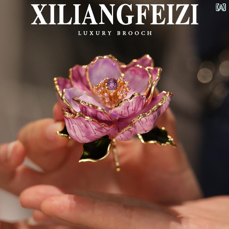 ブローチ 女性用 牡丹 花 アクセサリー 国風 宮廷風 花卉 装飾品 電気メッキ加工 銅素材 春季 復古 植物柄 華やか かわいい 華美 ヘアアクセサリー コサージュ ピン バレッタ ヘッドドレス