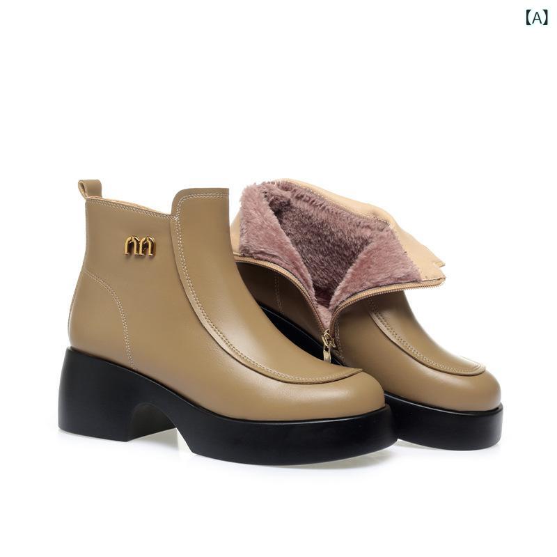 ショートブーツ 女性用 秋冬 厚底 松・啾 保暖 綿靴 低・悉 丸頭 中口 側ジッパー イングリッシュスタイル 人造PU 短毛絨裏 ゴム底 粘着加工 ラバーソール 日常履き 暖か 杏色 黒 丸みシルエット クロスストラップ ミドルヒール 3-5cmヒール 軽 4,875円