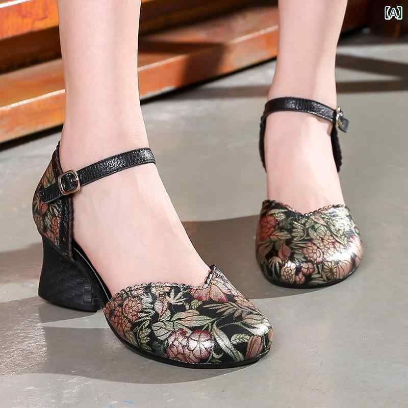 女性用 粗中跟 ファッションサンダル 真皮 民族風 中国風柄 花柄 波浪エッジ 切り替えデザイン バックル 丸トゥ ブラック 赤 夏 接触冷感 通気性 軽量 普段使い