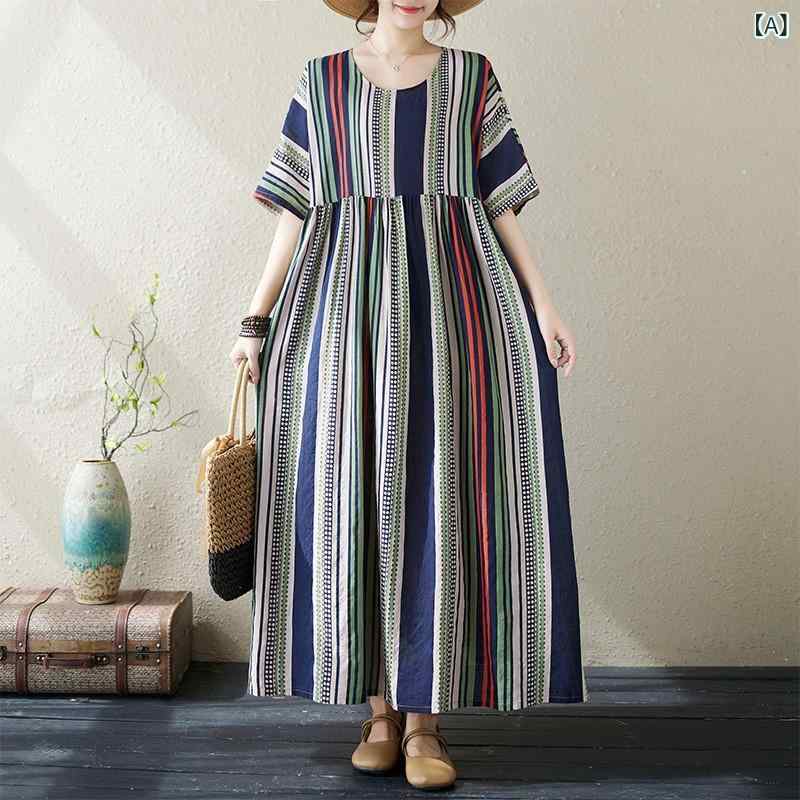 ロングドレス ママ服 レディース 春夏 条紋 綿 ポリエステル 接触冷感 切り替え プリーツ 丸首 半袖 大きいサイズ ビッグシルエット ゆったり かわいい 復古 快適 普段使い 通勤