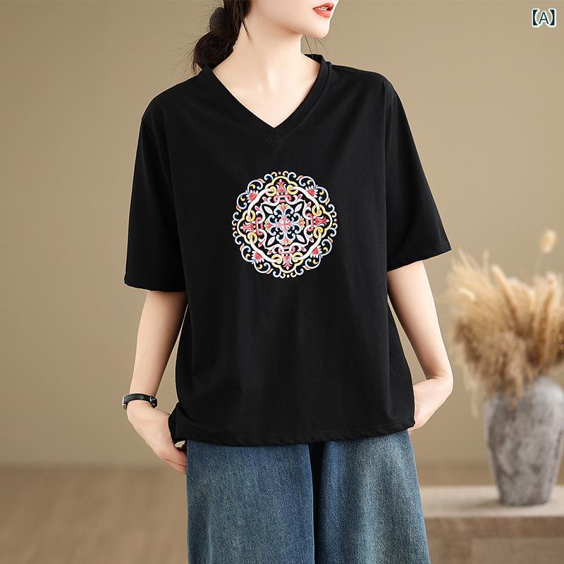 Tシャツ 女性用 夏 短袖 ブラウス トップス シャツ ゆったり 大きいサイズ 正肩 Vネック 五分袖 中袖 国風 綿 幾何柄 プリント ゆったりシルエット 普通丈 黒 ネイビー 快適 ゆったり 復古 国風 カジュアル 日常使い 吸湿速乾 接触冷感