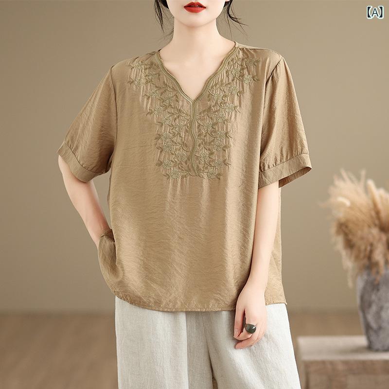 Tシャツ 女性用 夏 刺繍 Vネック 綿 短袖 トップス シャツ ブラウス ゆったり ビッグサイズ 花柄 植物柄 復古 かわいい 快適 休? 切り替え 普通丈 通常袖 セットインスリーブ カーキ オレンジ ベージュ