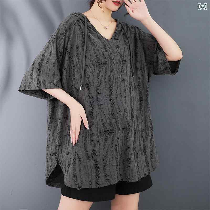 Tシャツ 女性用 大きいサイズ 春夏 ゆったり 連帽 半袖 トップス 綿素材 純色 破れ加工 灰色 ブラック ブラウン 快適 ゆったりシルエット 肉感カバー スリム効果 短袖 カジュアル 日常使い 吸湿速乾 軽量 伸縮性 復古風