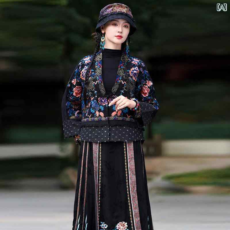カーディガン 女性用 秋冬 民族風 刺繍 盤ボタン Vネック 短丈 外套 麻 綿 花柄 植物柄 ゆったり 九分袖 ブラック ネイビー 中厚 復古 ボヘミアン 刺繍上衣 開衫 秋服