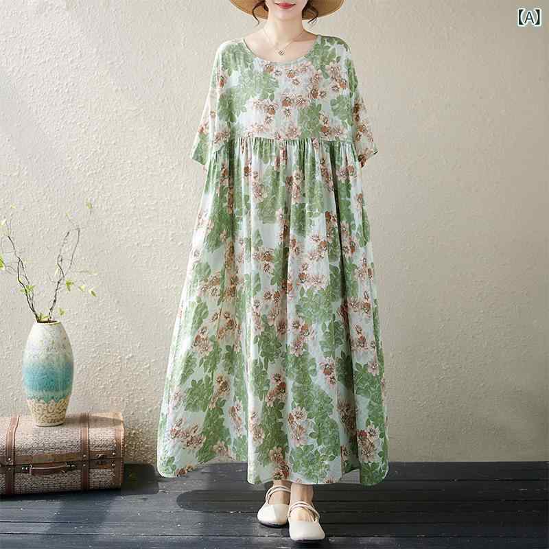 ワンピース レディース 夏 ゆったり ぽっちゃり 大きいサイズ Aライン ロング フレア 丸首 半袖 花柄 プリント 綿麻 植物 花 緑 赤 復古 ゆったり腰 プリーツ 接触冷感 吸湿速乾 快適 ゆったりシルエット かわいい 普段使い 通勤 カジュアル