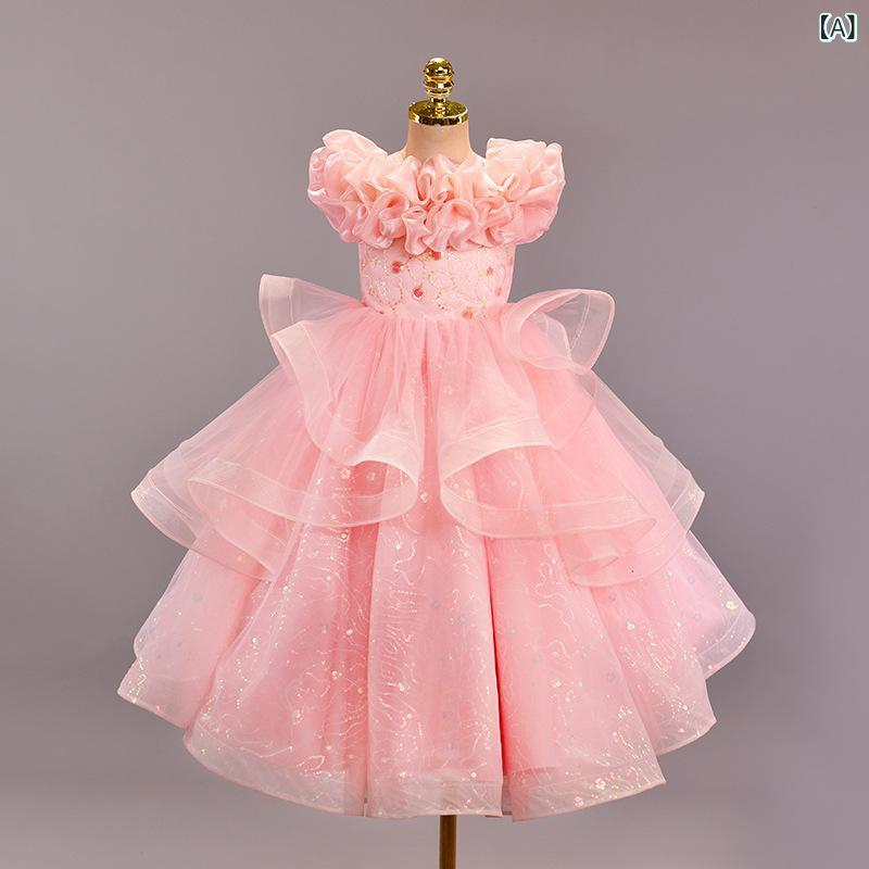 女の子 ドレス 女児 ワンピース プリンセスドレス 蓬蓬スカート レース袖 チュール 花柄 礼服 かわいい 演出 ステージ パーティー ドレス 聚?繊維 プリーツ加工 背心 背開け ピンク系 豆沙色 甘め 春秋 夏 冬 通年 3～8歳 中小児 100～1