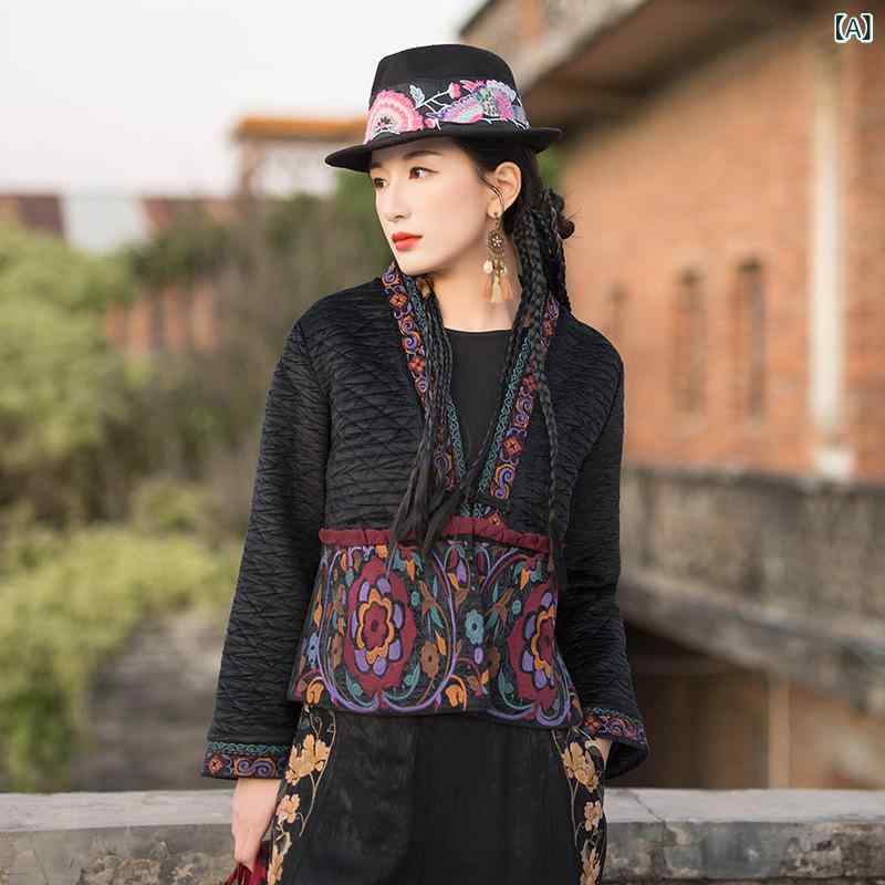 コート レディース 中華風 Vネック 盤ボタン 刺繍 花柄 切り替え 短丈 長袖 黒 ?? 再生繊維 綿混 中厚 復古 民族風 植物柄 プリント 刺繍 ブラック 秋冬