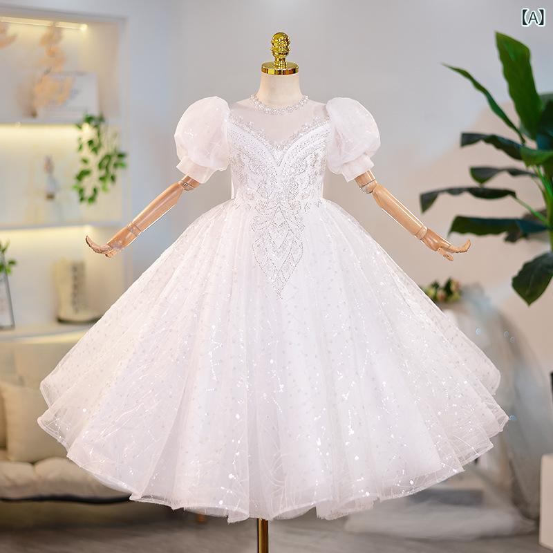 女の子 子供 礼服 花柄 プリンセスドレス 演出 ドレス トップス チュール 甘め スタイル 短袖 ロングスカート フレア プリーツ ポリエステル 白 香?色 接触冷感 軽量 春秋 春夏 秋冬 通年