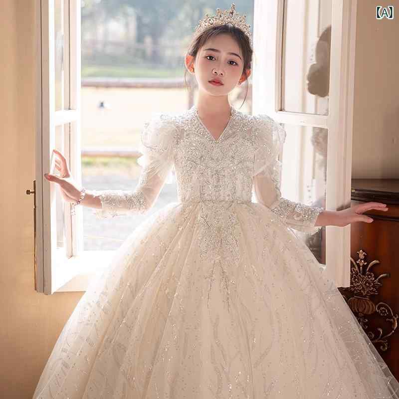 女児 礼服 女の子 子供用 プリンセスドレス 花嫁 子供 ドレス 演奏会 演出服 女童 パーティードレス かわいい 公主風 ホワイト 化繊混紡 ポリエステル プリーツ加工 春秋 春夏 秋冬 通年 軽量 伸縮性 100cm 110cm 120cm 130c｜naruki