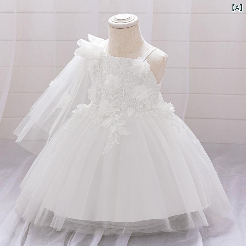 女児 ワンピース 女の子 赤ちゃん ベビー 子供 礼服 ドレス プリンセス 刺繍 立体 花 チュール レース 花柄 フリル リボン ボヘミアン プリンセス コットン 混紡 ポリエステル コットン ライニング プリーツ 酵素ウォッシュ かわいい かわいい