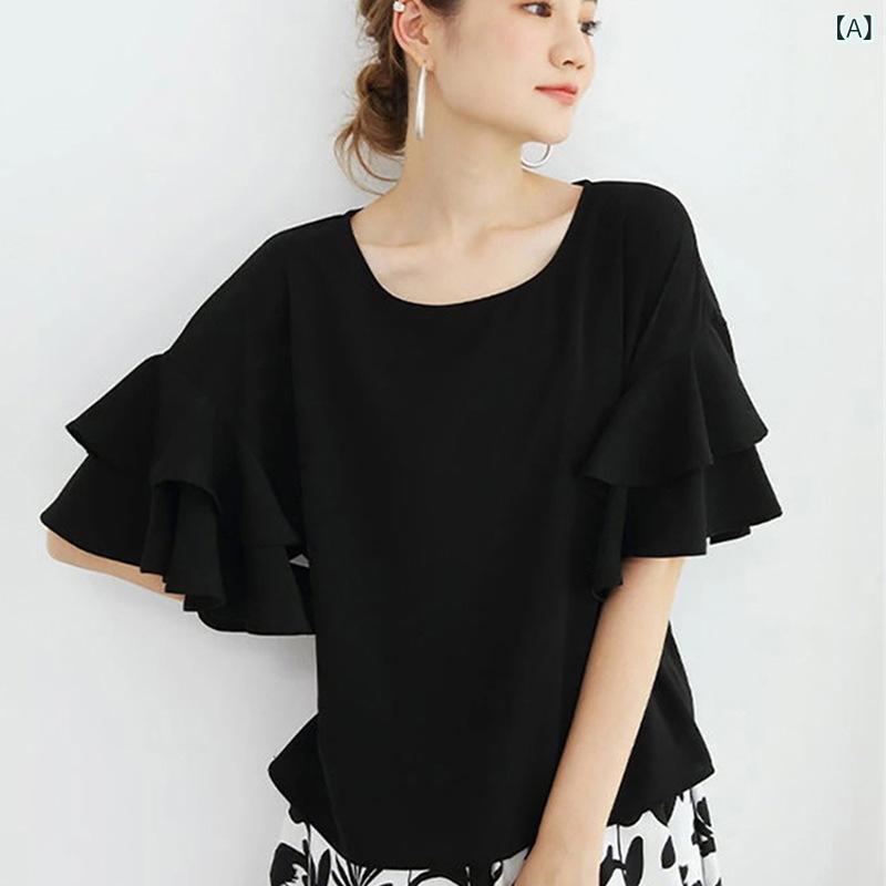 Tシャツ レディース 短袖 荷葉袖 ダブルレイヤー ゆったり 雪? シャツ トップス ブラウス 丸首 純色 ポリエステル 接触冷感 ブラック 杏色 ダークブラウン ネイビー 淡紫 通勤 普段使い 春夏 秋 軽量 通気性 伸縮性