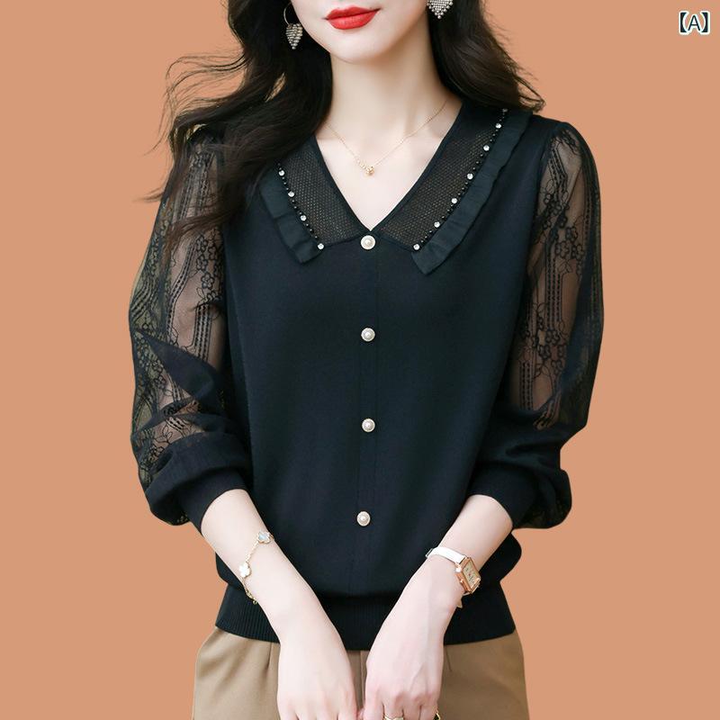 ニット トップス 女性用 春夏 秋冬 長袖 ドルマンスリーブ 低め 丸首 レース 薄手 インナー レイヤード 綿混 再生繊維 伸縮性 接触冷感 ゆったり ルーズフィット 通勤 普段使い 黒 ホワイト グリーン 切り替え コットン リブ ウェーブ 蝶結び
