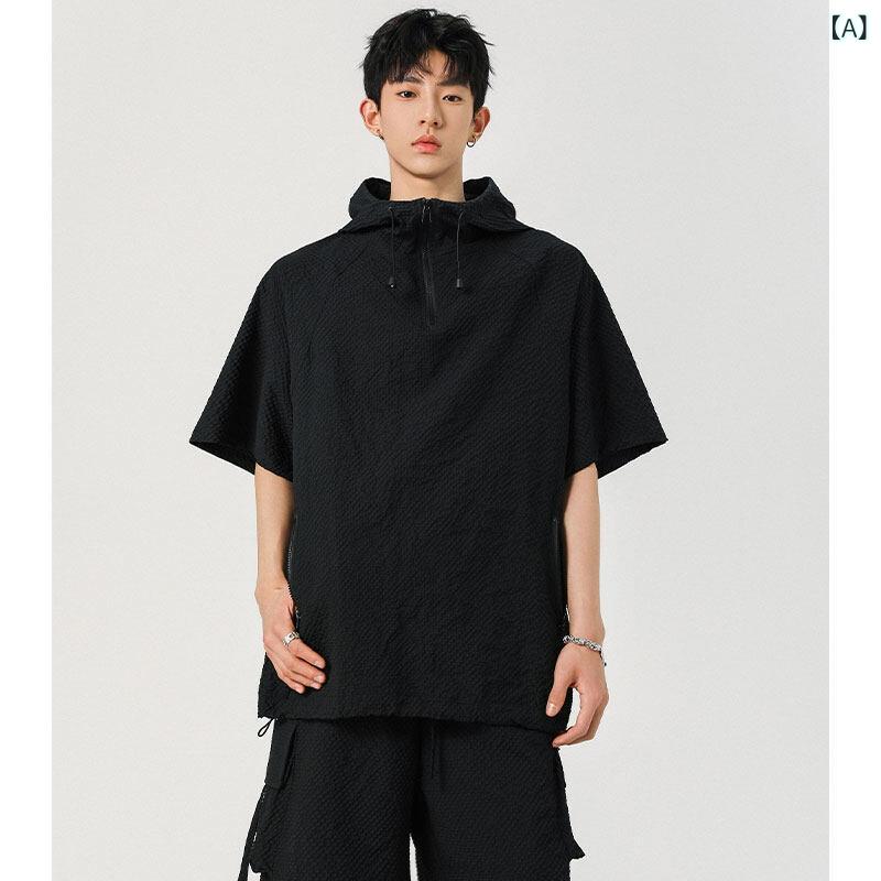 メンズ セットアップ 短袖 Tシャツ 速乾 五分パンツ 薄手 化繊混紡 ポリエステル ブラック ネイビー ベージュ ライトカラー 大きいサイズ 夏 スポーツ 普段使い 軽量 通気性 カジュアル