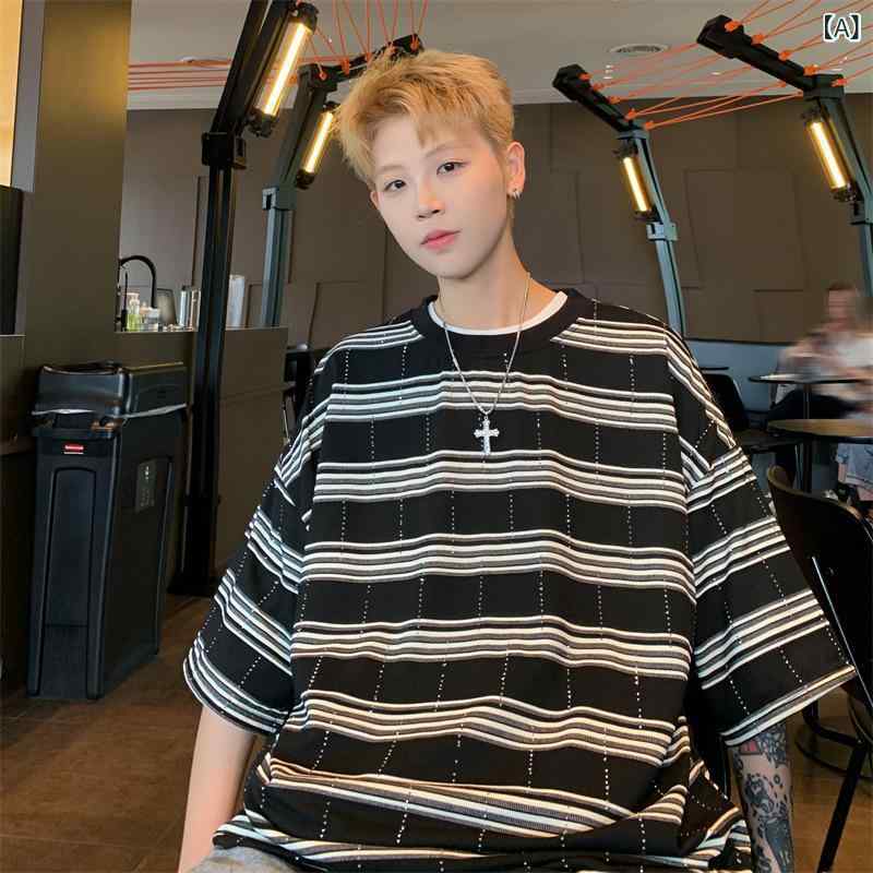Tシャツ メンズ 青少年用 短袖 条紋柄 丸首 ブラック 夏用 ゆったりシルエット ポリエステル 吸湿速乾 透気性 耐久性 日常使い カジュアル トップス ラウンドネック ストリートファッション