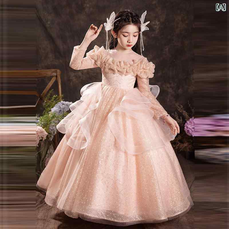 女の子 ドレス 子供 礼服 花柄 チュールスカート プリンセス スカート かわいい 女児 ガーリー 粉色 香?色 長袖 フレア プリーツ 加工 ポリエステル 混紡 通年 誕生日 パーティー 結婚式 発表会 100cm 110cm 120cm 130cm