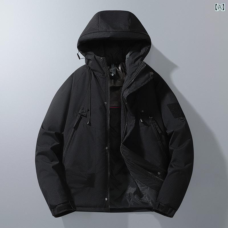 ジャケット メンズ 男性用 秋冬 連帽 加厚 保暖 防風 ポリエステル 綿入れ 登山 ハイキング アウトドア 運動 長袖 ワイドシルエット ジップアップ 多ポケット 拉?ポケット 直裾 無領 ゆったり 厚手 黒 ・柑其 蛍光グリーン パープル オレンジ 通