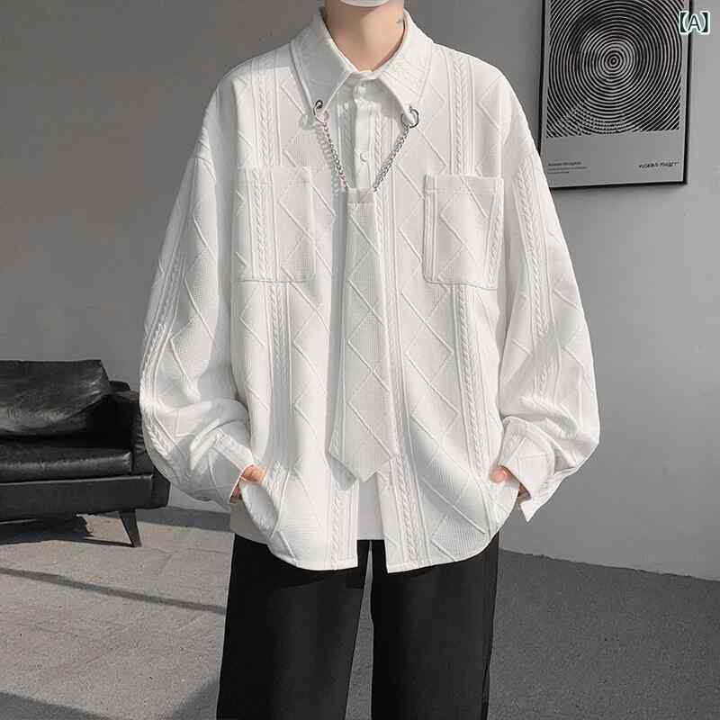 長袖シャツ メンズ 男性用 ゆったり 大きいサイズ 開襟 ポリエステル 免・聞 春秋 春夏 秋冬 純色 提花 韓国風 日常 通勤 普段使い 軽量 伸縮性 白色 米白色 ブラック カジュアル