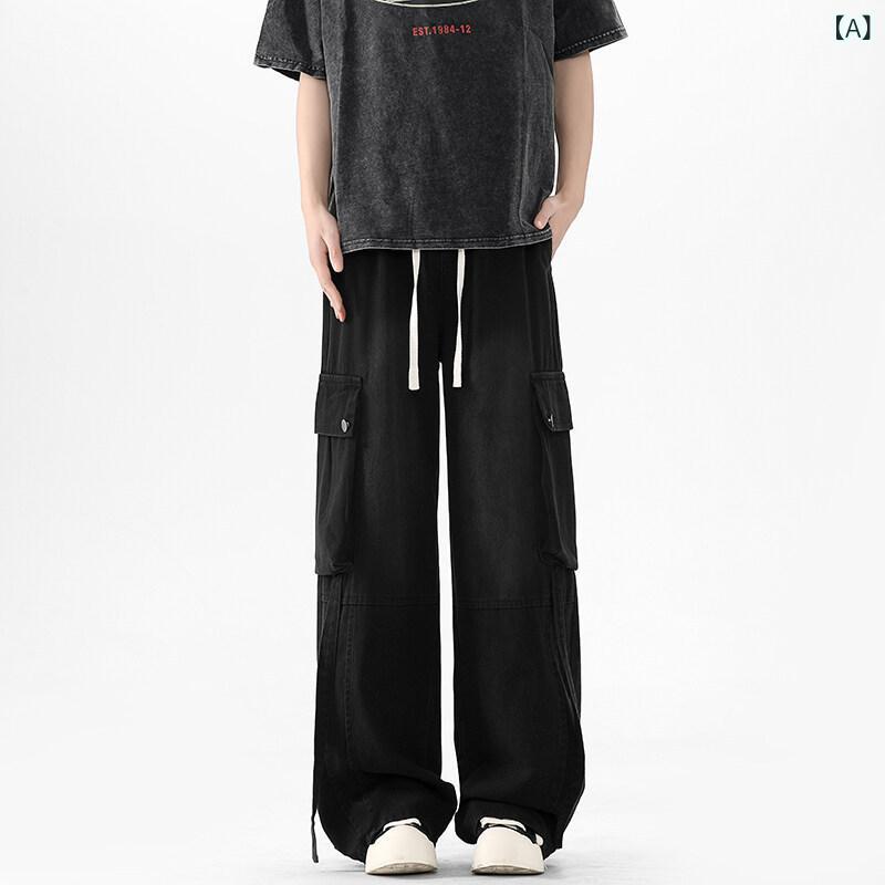 メンズ デニムパンツ 直筒 春夏 中腰 水洗加工 微弾性 ポリエステル コットン 再生繊維 切り替え ブラック 泥黄色 休? 通勤 普段使い カジュアル 青少年 男性用 工装風 長ズボン