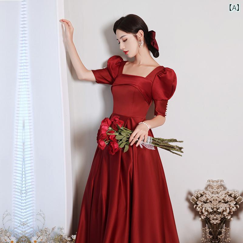 結婚式 礼服 女性用 春季 長袖 ワンピース ドレス Aライン スカート 一文字肩 肩紐 5分袖 ミドルハイウエスト 修身 シルエット ワインカラー ポリエステル 綿 混紡 生地 細身 効果 ロング丈 フォーマル ドレス 春夏 シーズン 宴会 パーティー