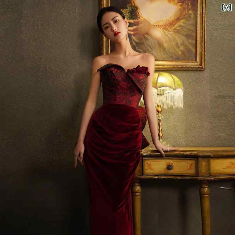 秋冬 ロングドレス 女性用 ワインレッド ベルベット 収腰 フィッシュテール 抹胸 無袖 ロングスカート 切り替え デザイン 復古風 フォーマル 結婚式 パーティー ドレス かわいい ハイウエスト タイバック ビッグシルエット｜naruki