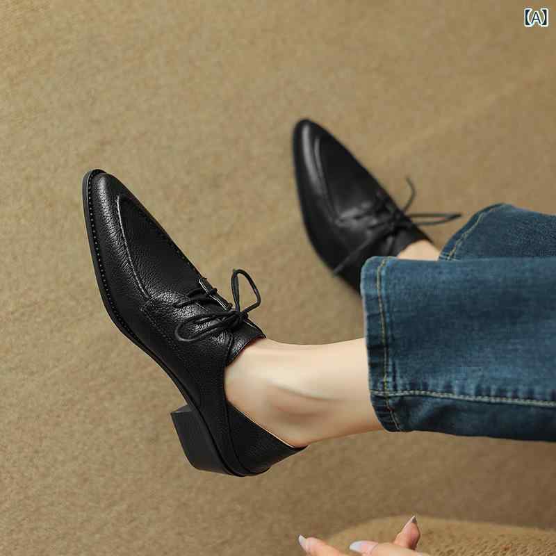パンプス 女性用 バインドストラップ 粗中ヒール 尖頭 単靴 小さめレザーシューズ 頭層羊皮 低・悉 純色 黒 ダークブラウン 春夏秋冬 日常使い 軽量 伸縮性 ゴム底 粘着加工 前系帶 接触冷感 吸湿速乾 高級感 カジュアルスタイル｜naruki
