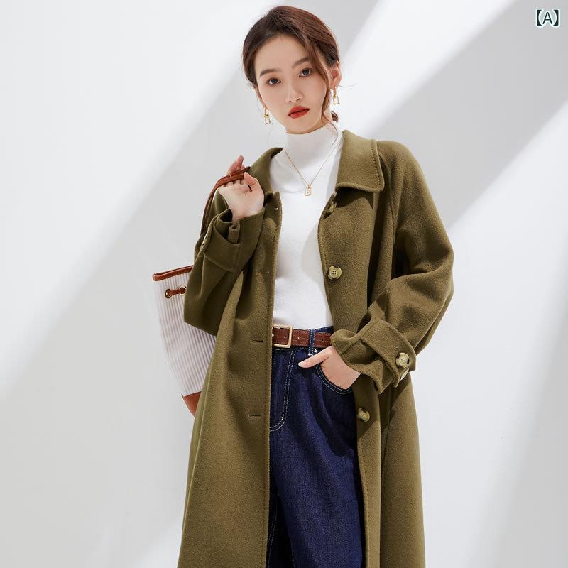 ロングコート レディース 羊毛 厚手 Aライン ワイドシルエット シングルブレスト ロング丈 ゆったり スリム効果 百搭 シンプル 英倫風 気質 通勤 秋冬 煙草グリーン ライラックグリーン ベージュ ブラック 厚実生地 長袖 ラペルカラー ポケット付き