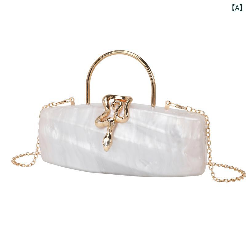 クラッチバッグ 女性用 蛇形 ロック ロングタイプ ファッション イブニングバッグ パーティー 手持ち ミニボックス 横型 チェーン 付属 マカロンカラー アクセサリー 風格 ハードケース 立体 白色 ブラック ピンク ライトブルー ベージュ オレンジ