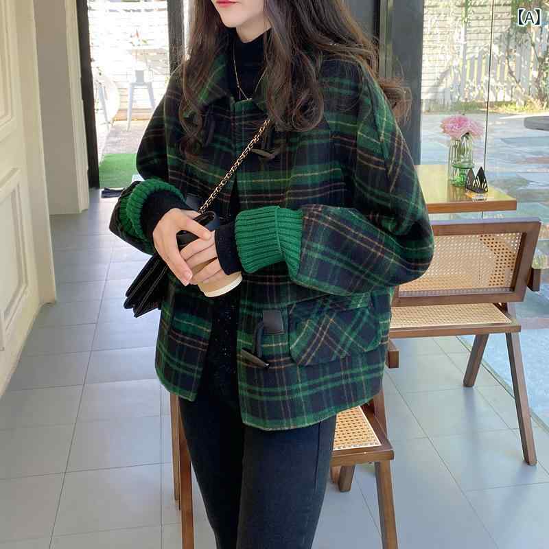 コート レディース 春秋 毛織り 短め バットスリーブ 牛角ボタン ロング丈 韓国風 ゆったり スリム 大人 通勤 気質 都市 カジュアル 方領 長袖 中厚手 純色 ポケット 切り替え ?? 墨緑 吸湿速乾 高級感 軽量