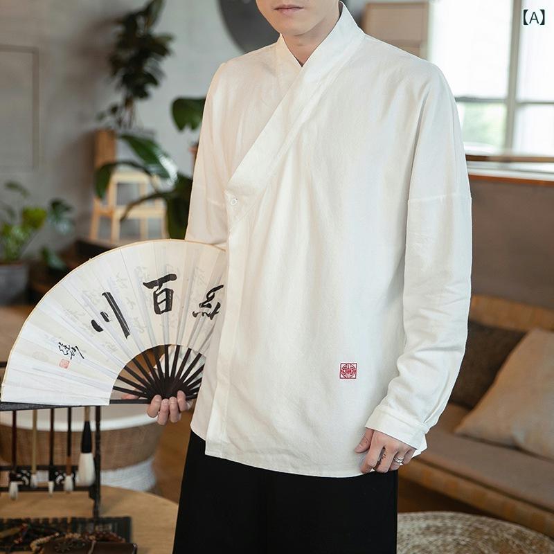Tシャツ メンズ 秋 長袖 刺繍 綿麻 ゆったり トップス 切り替え 白 黒 中国風 中式 漢服 チャイナスタイル 禅 居士服 ルームウェア 普段使い 吸湿速乾 軽量