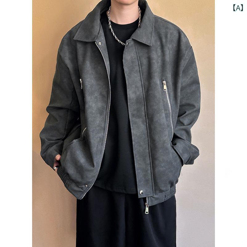 メンズ レザージャケット 皮ジャン ライダースジャケット ビッグシルエット ワイドフィット スタンドカラー ジップアップ 無帽 秋冬 春秋 ブラック ブラウン 人造革 PUレザー ポリエステル裏地 ゆったり 免アイロン レトロ ストリート カジュアル 青
