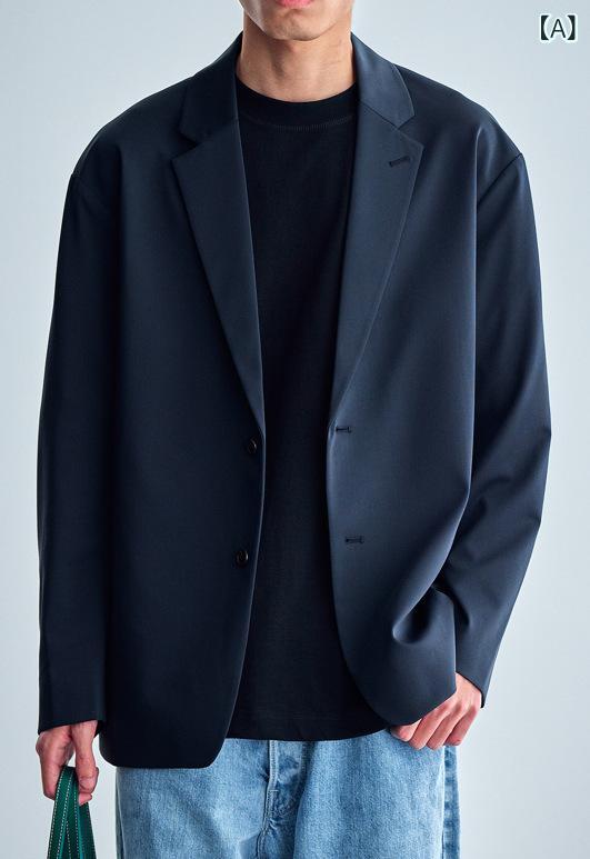 メンズ ジャケット トップス 秋冬 春夏 単排ボタン 垂れ飾り ゆったりシルエット 韓国風 ソリッドカラー ポリエステル混紡 化繊素材 軽量 ブラック ブラックブルー 通勤 普段使い アウトドア
