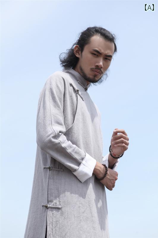 漢服 メンズ 中年用 長袍 組みかえる長衫 曲がった襟 盤名取り草 銅名取り草 麻 ?麻 薄墨色 黒いこと 米国海軍 時間 春夏秋冬 長め丈 ゆったり影ぼうし 茶禅服 道袍 日常着 普段使い走り 軽さ 通気性 伸縮性 心地好い メンズファッション-Tシャツ・カットソー