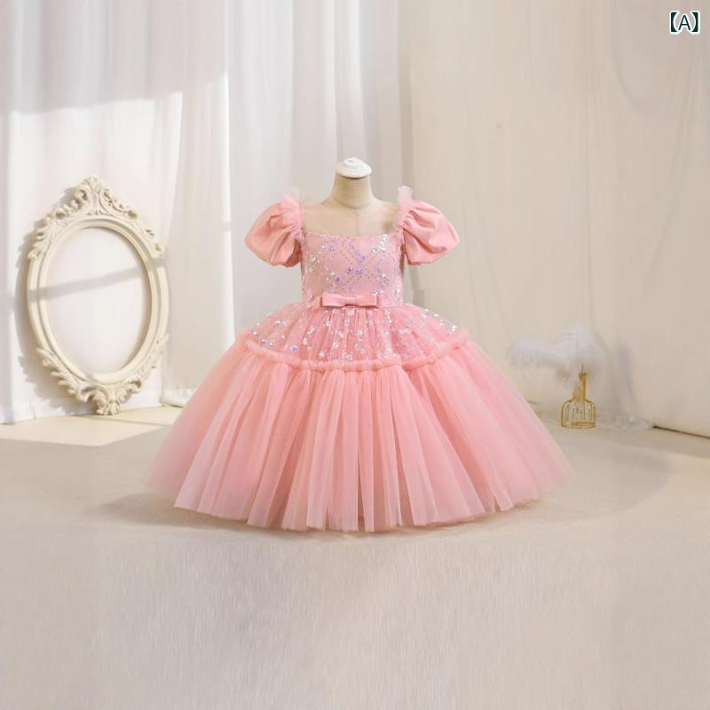 女の子 ワンピース 子供 ドレス 礼服 女児 パーティー ドレス かわいい プリンセス スカート チュール レース 蝶結び ラメ スパンコール コットン 混紡 ポリエステル ライニング 酵素洗い ライトパープル ピンク ブルー 中小童 3-8歳 通年