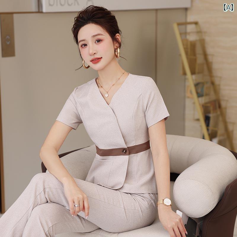 美容師 女性用 中式 セットアップ 夏季 作業着 長ズボン 短袖 Vネック 防静電 ?? 麻 混合素材 米白色 紺色 通勤 普段使い 伸縮性 軽量 接触冷感 切り替えデザイン