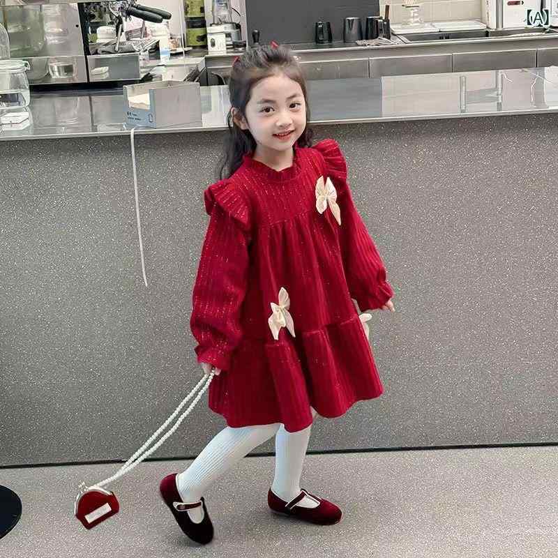 女児 ワンピース キッズ 秋冬 赤 長袖 加? プリンセス スカート 絨毛 ポリエステル 柔らかい 生地 女の子 洋気 ファッション スカート 裾 フレア 冬 秋 シーズン 中小童 3～8歳 100～140cm 対応 暖か かわいい 聖誕 プリンセス風