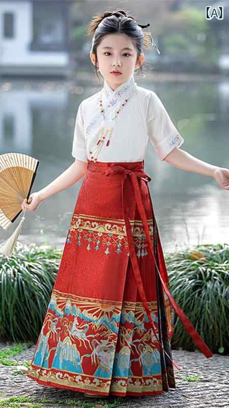 女児 チャイナドレス セット 春 薄手 短袖 漢服 風 赤 白 切り替え 鹿柄 スカート 再生繊維 軽量 通気性 かわいい 普段使い 誕生日 コスプレ 女の子 子供服 春夏 トップス ボトムス セットアップ