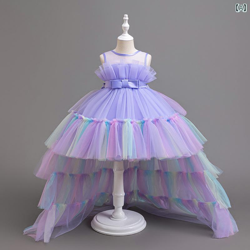 女児用 礼服 ドレス ロングドレス プリンセスドレス 花嫁ドレス 結婚式ドレス パーティードレス 女の子 子供服 中小童 100-140cm 紫色 ピンク系 コットン混紡 ポリエステル チュール レース フリル リボン プリンセス 欧米スタイル 花柄 か