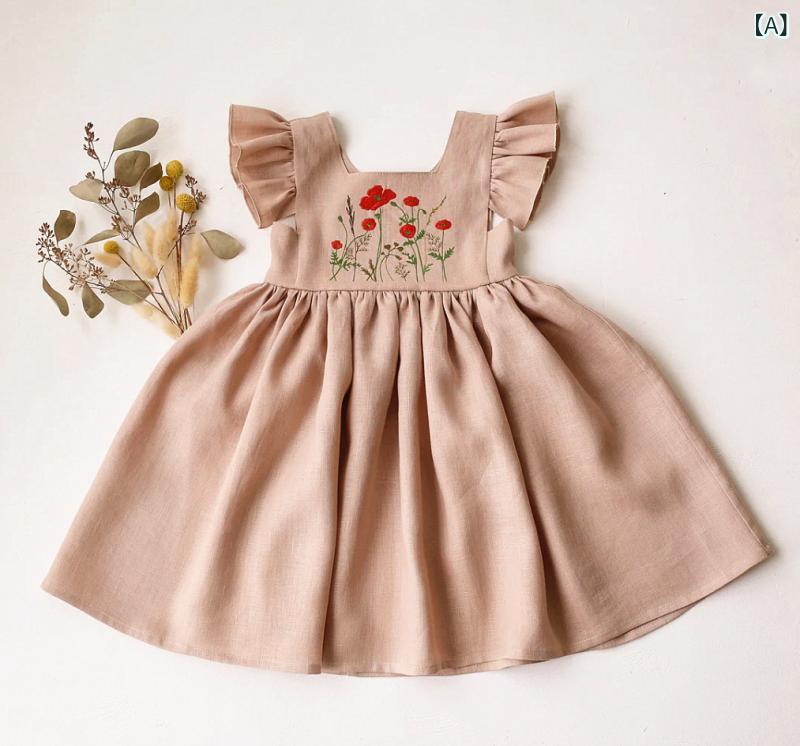 女児 ワンピース キッズ ガールズ 春夏 飛袖 刺繍 小花 田園 かわいい 無袖 荷葉辺スカート ピンク イエロー ホワイト ベージュ グリーン 麻混紡 綿麻 軽量 通気性 吸湿速乾 日常使い ベビー服 幼児服 1-4歳