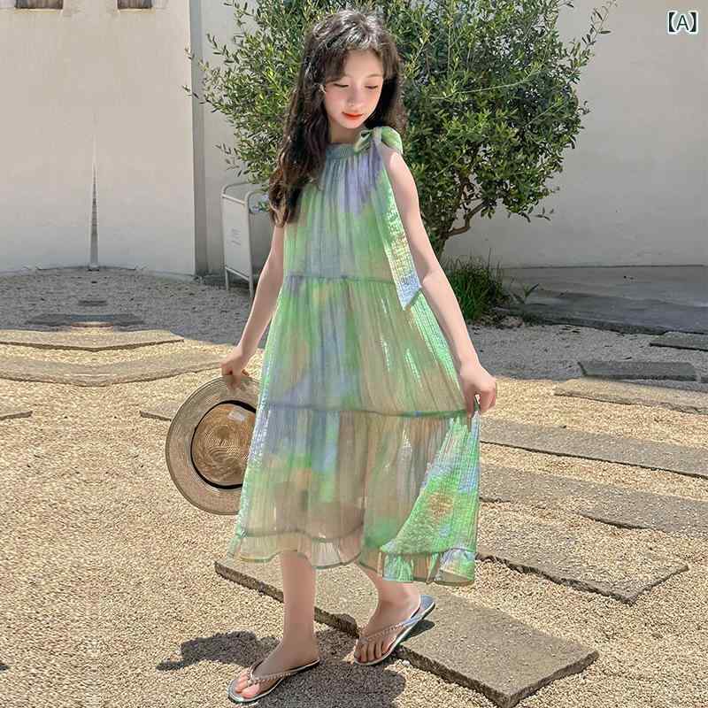 女児 ワンピース キッズ 女の子 中大童 夏 春夏 吊り帯 ノースリーブ 海辺 ビーチ 沙?裙 公主 プリンセス スカート かわいい 甘め 綿 コットン 柔らか ソフト 接触冷感 吸湿速乾 漸変 グラデーション ピクチャーカラー 軽量 通気性 普段使い