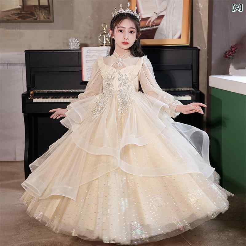 女の子 礼服 子供 女児 花嫁 子供用 プリンセスドレス ロングドレス 長袖 香?色 ホワイト チュール プリンセス 化繊混紡 ポリエステル ギャザー加工 中小童 春秋 夏 秋冬 通年 結婚式 パーティー 誕生日 発表会 演奏会 かわいい フォーマルドレ